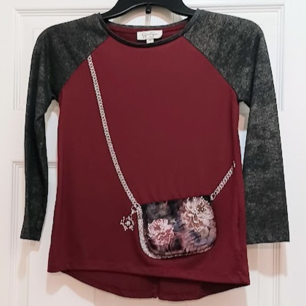 Jessica Simpson Girls size M maroon, gray 3/4 sleeve top w/silver sparkles